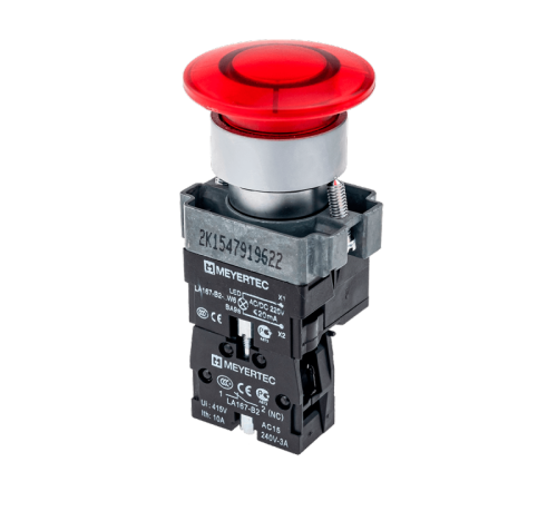 Кнопка грибовидная с LED подсветкой без фиксации, 220V AC/DC, 1NC, красный, 40 мм, мет. MTB2-BW4634 | код 59643 | MEYERTEC