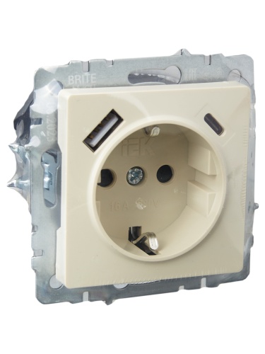 Розетка BRITE РЮш11-1-БрКр 16А с USB A+C 18Вт с заземл. защ. шторки беж. | код. BR-R14-16-U22-018-K10 | IEK фото 4