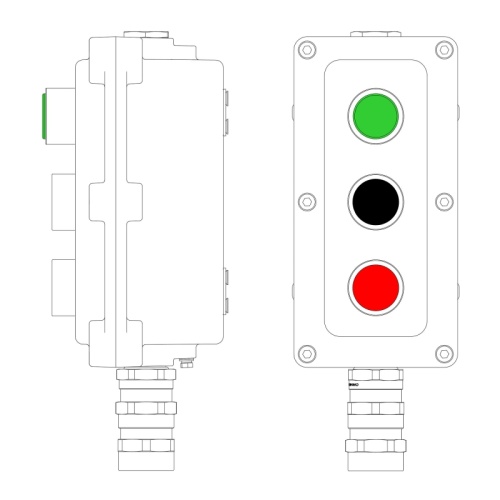 Взрывонепроницаемый пост управления из алюминия LCSD-03-B-MB-L1G(220)x1-P1B(11)x1-P1R(11)x1-PBMB-KA2MHK / 1Ex d IIB T5 Gb / Ex tb II | код LCSD21000105 | DKC