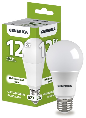 Лампа светодиодная A60 груша 12Вт 230В 4000К E27 GENERICA | код LL-A60-12-230-40-E27-G | IEK