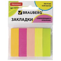 Закладки клейкие BRAUBERG НЕОНОВЫЕ бумажные, 50х14 мм, 5 цветов х 50 листов, европодвес, 122731 | код 122731 | BRAUBERG