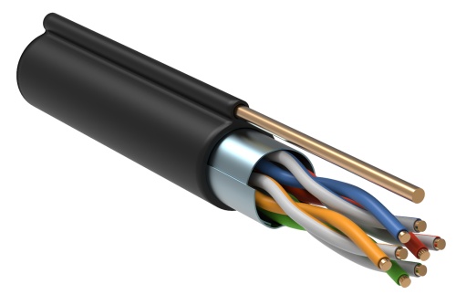 ITK Витая пара F/UTP кат.5E 4х2х24AWG solid LDPE с металлическим тросом 1,2мм черный (305м) | код LC3-C5E04-359 | IEK