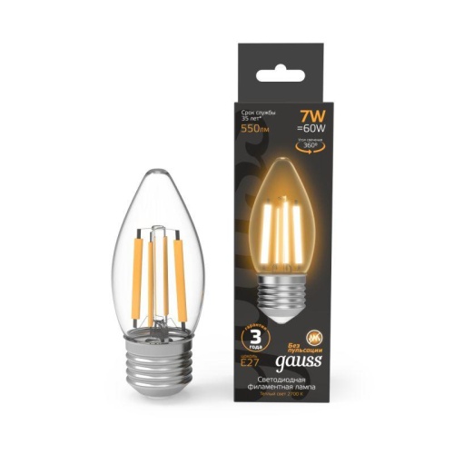 Лампа светодиодная филаментная Black Filament 7Вт свеча 2700К тепл. бел. E27 550лм | код 103802107 | GAUSS