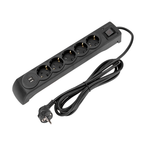 Фильтр сетевой 5 гнезд, 3м, 3х1,5мм?, с автовыкл, 2 USB, черный KRANZ | код 13-4702 | KRANZ