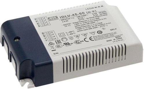 Источник питания AC-DC, 45.1Вт, вход 90…295В AC, 47…63Гц/125…417В DC, ККМ, выход 24В/1.88А, изоляция 3750В AC, в кожухе 120х75х25мм, -20…+80С (корпус), димминг 0...10 В/ШИМ | код IDLV-45-24 | MeanWell