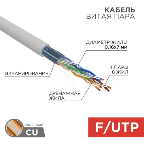REXANT Кабель витая пара F/UTP, категория 5e, PVC, 4PR, 24AWG, внутренний, многожильный, серый, 305 м | код 01-0145 | REXANT