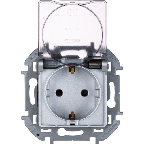Механизм розетки 1-м СП Inspiria 16А IP44 250В 2P+E защ. шторки с крышкой немецк. стандарт алюм. Leg | код 673742 | Inspiria(группа Legrand)