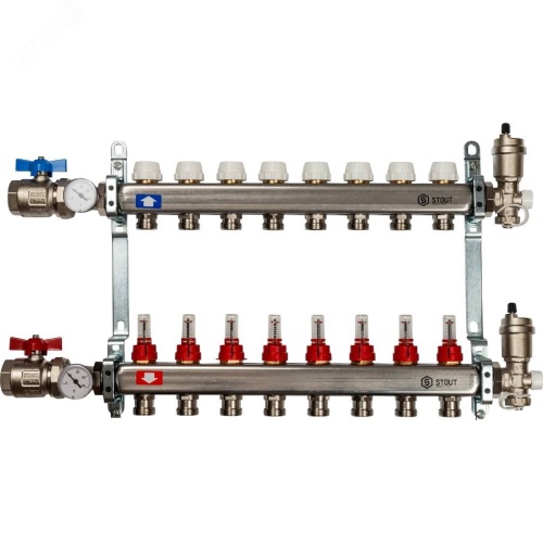 Коллектор из нержавеющей стали в сборе с расходомерами 8 вых. | код SMS 0907 000008 | STOUT