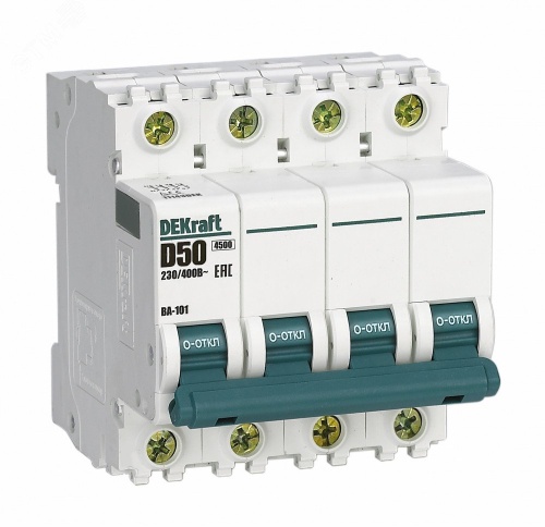 Выключатель автоматический четырехполюсный 50А D ВА-101 4.5кА | код 11143DEK | Dekraft