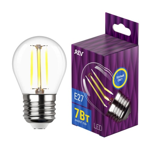 Лампа светодиодная филаментная PREMIUM (FILAMENT) 7Вт G45 шар 2700К тепл. E27 650лм | код 32443 | REV