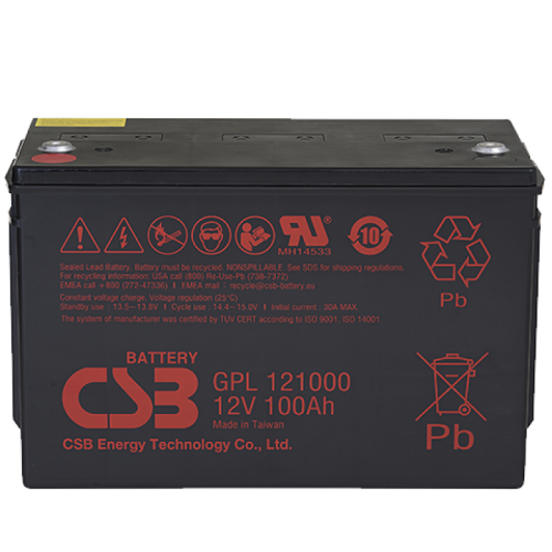 CSB GPL121000 Аккумуляторная батарея для ИБП, напряжение: 12В, ёмкость: 100Ач, клеммы: под болт М6, Размеры ДШВ: 343х170х213,9мм, вес: 33,50кг. Срок службы: 10 лет. | код CSB GPL121000 | CSB
