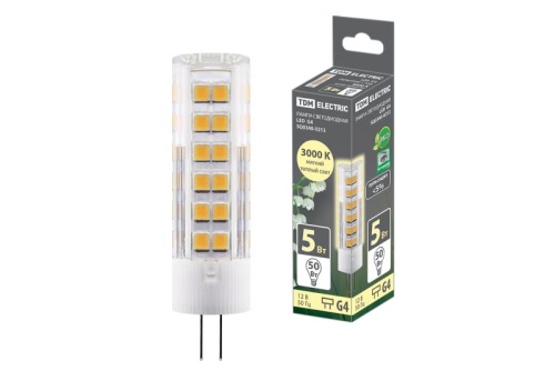 Лампа светодиодная G4-5 Вт-AC/DC 12 В-3000 К, SMD, 16x57 мм TDM | код SQ0340-0213 | TDM