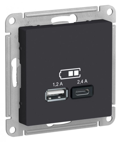 Механизм розетки USB AtlasDesign A+С 5В/2.4А 2х5В/1.2А карбон | код ATN001039 | Schneider Electric
