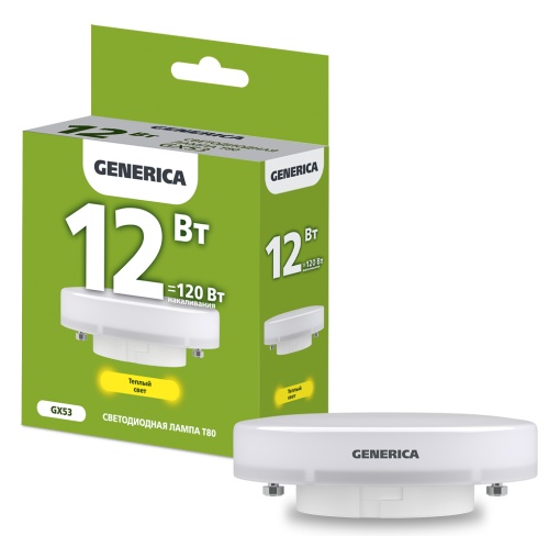 Лампа светодиодная T80 таблетка 12Вт 230В 3000К GX53 GENERICA | код LL-T80-12-230-30-GX53-G | IEK