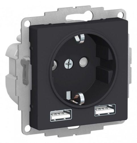 Розетка 3-м СП AtlasDesign 16А IP20 с 2-мя заряд. устройствами USB тип A+A 5В/2.4А 2х5В/1.2А механизм карбон | код ATN001030 | Schneider Electric