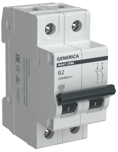 Авт. выкл. ВА47-29М 2P 2А 4,5кА B GENERICA | код MVA21-2-002-B-G | GENERICA by IEK
