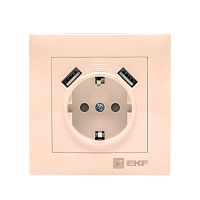 Валенсия розетка 1-местная с/з 16А кремовая с защ, штор, с 2 USB 2,1А PROxima | код EWR16-028-20-2USB | EKF