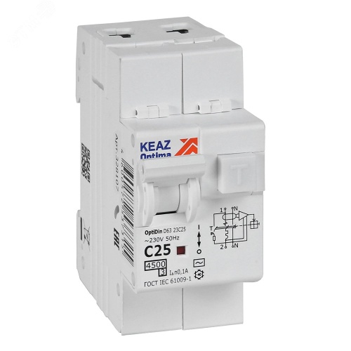 Выключатель автоматический дифференциального тока АВДТ с защитой от сверхтоков 2П 25А 100мА AC 4,5кА OptiDin D63-23C25-AC-У3 | код 328107 | КЭАЗ