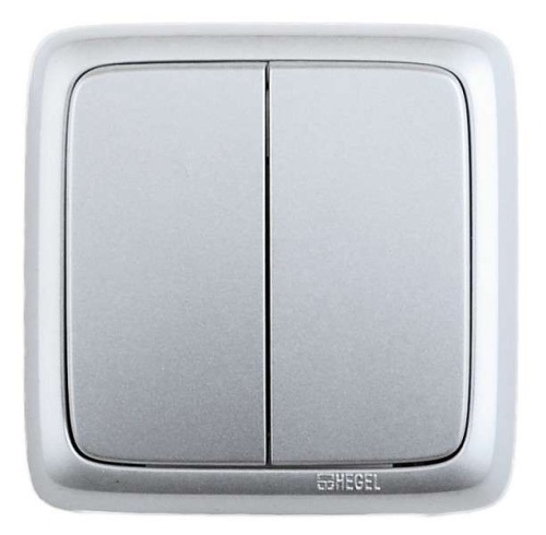 Выключатель двухклавишный наружный с изоляционной пластиной серебро 10А | код ВА10-153-06 | HEGEL