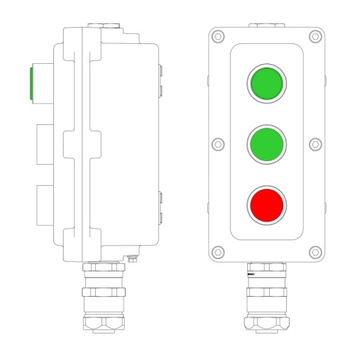 Взрывонепроницаемый пост управления из алюминия LCSD-03-B-MC-L1G(220)x1-P1G(11)x1-P1R(11)x1-PCMB-KAEPM3MHK-20 / 1Ex d IIB T5 Gb / Ex | код LCSD21000126 | DKC