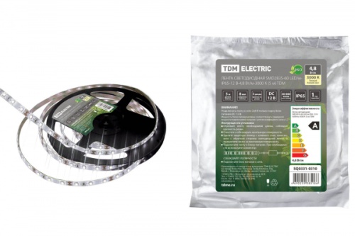 Лента светодиодная SMD2835-60 LED/м-IP65-12 В-4,8 Вт/м-3000 К (5 м) TDM | код SQ0331-0310 | TDM