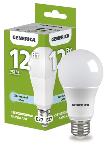 Лампа светодиодная A60 груша 12Вт 230В 6500К E27 GENERICA | код LL-A60-12-230-65-E27-G | IEK