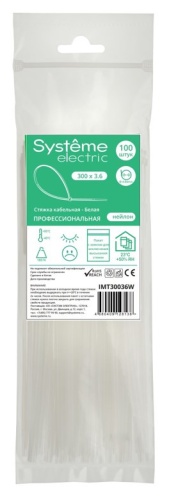 Стяжка кабельная нейлоновая 300х3.6 Белая (100шт) в пакете с замком ЗИП-ЛОК | код IMT30036W | Systeme Electric