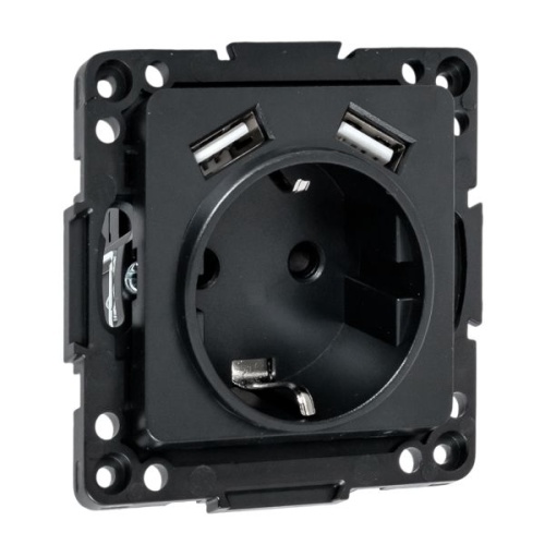 Стокгольм Механизм Розетки 1-местной с/з, USB 2A 16А винтовые клеммы черный с защ. штор. EKF | код EZR16-2USB-typeA | EKF фото 2