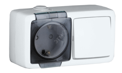 Alfa Блок с пылевлагозащитой, розетка одноместная, со шторками, с заземляющими контактами, выключатель одноклавишный, белый | код БА16-221 | HEGEL