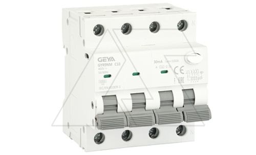 Дифф. авт. выключатель GYR9NM-C40-30mA, 3P+N, 40A, хар-ка C, 6 kA, 30mA, тип A, 4M | код GYR9NM3PC40A30 | GEYA