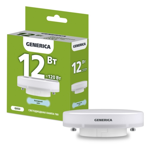 Лампа светодиодная T80 таблетка 12Вт 230В 6500К GX53 GENERICA | код LL-T80-12-230-65-GX53-G | IEK