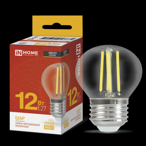 Лампа светодиодная LED-ШАР-deco 12Вт 230В Е27 3000К 1350Лм прозрачная IN HOME | код 4690612053684 | IN HOME