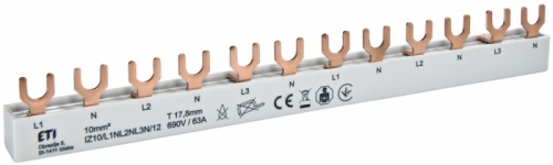 Шина питания IZ 10/L1NL2NL3N/12 (10мм2, 3P+N, 0.21м, Fork, 12mod.) | код 002921268 | ETI