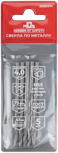 Сверла по металлу HSS, угол заточки 118град, 4,0X75 мм, (5 шт.) | код 35559М | FIT фото 3
