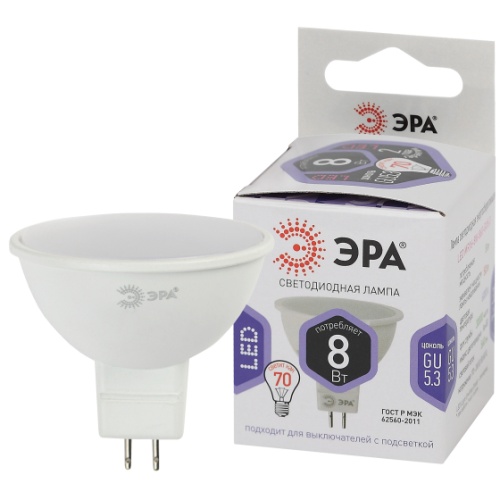 Лампа светодиодная LED MR16-8W-860-GU5.3 MR16 8Вт софит GU5.3 холод. бел. | Код. Б0049071 | ЭРА