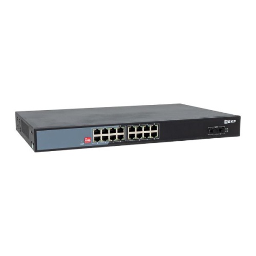 Промышленный неуправляемый коммутатор U-2GX/SFP-16GTP-R, 2 порта 1000Base-X SFP, 16 портов 10/100/1000Base-T(X) RJ45 c PoE, монтаж в 19 стойку TSX EKF | код TSX-U-2GX/SFP-16GTP-R | EKF