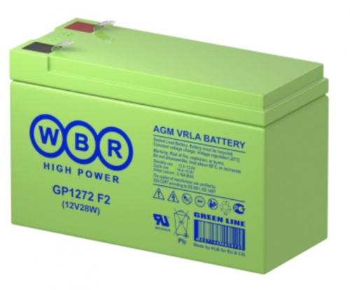 WBR GP1272(28W) Аккумуляторная батарея для ИБП, напряжение: 12В, ёмкость: 7Ач, клеммы типа: F2, Размеры ВШГ: 100x65x151мм, вес: 2,3кг. Срок службы: 8 лет. | код WBR GP1272 F2 (12V28W) | WBR