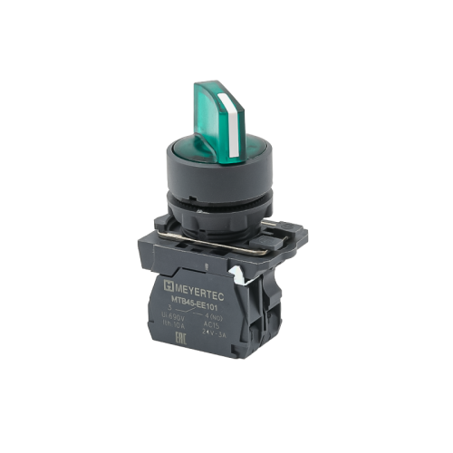 Переключатель на 2 положения с фиксацией и подсветкой, зеленый, 1NO, 220V AC/DC, IP65, пластик MTB5-AK23713 | код 137279 | MEYERTEC
