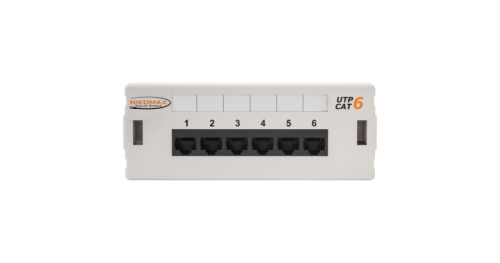 Панель коммутационная NIKOMAX настенная, 6 портов, Кат.6 (Класс E), 250МГц, RJ45/8P8C, 110, T568A/B, неэкранированная, светло-серая | код NMC-WP06UE2-GY | NIKOMAX