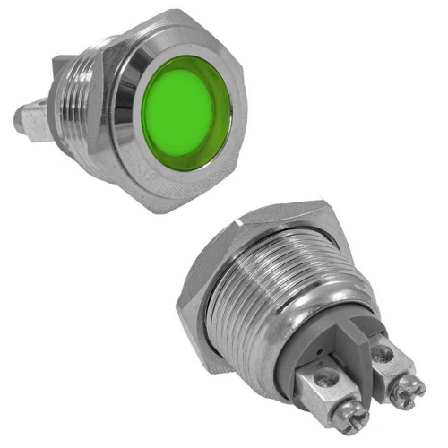 Индикатор антивандальный RUICHI GQ16F-G, зеленый, M16, IP65, никелированная латунь | код 114121 | Ruichi