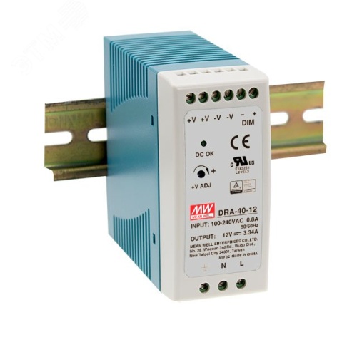 Блок питания AC-DC, 40.8Вт, на DIN рейку, вход 90-264В AC, 47-63Гц, 127-370В DC, выход 24В,1.7А, регулировка 24-30В, димминг 3 в 1, в кожухе | код DRA-40-24 | Mean Well