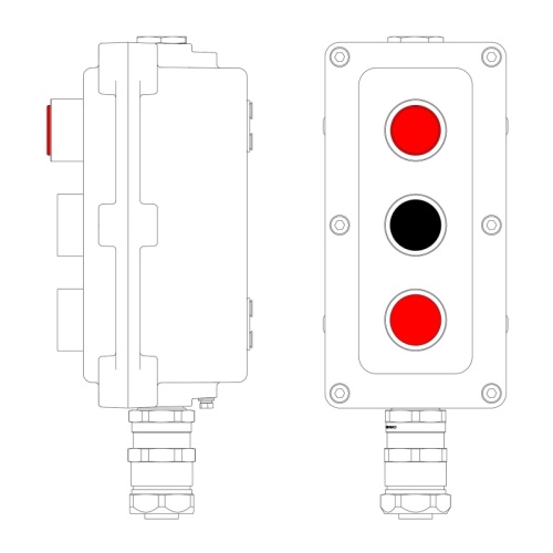Взрывонепроницаемый пост управления из алюминия LCSD-03-B-MB-L1R(220)x1-P1B(11)x1-P1R(11)x1-PBMB-ANP15BMB / 1Ex d IIB T5 Gb / Ex tb | код LCSD21000129 | DKC