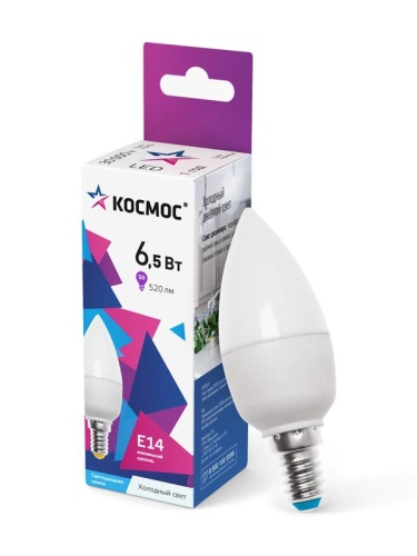 Лампа светодиодная 6.5Вт свеча 6500К холод. бел. E14 220В | код. LkecLED6.5wCNE1465 | КОСМОС