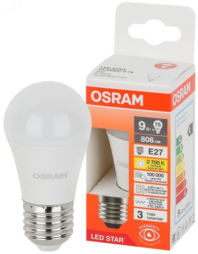 Лампа светодиодная LED Star Шарообразная 9Вт (замена 75Вт), 806Лм, 2700К, цоколь E27 OSRAM | код 4058075696563 | LEDVANCE