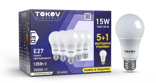 Набор ПРОМО лампа светодиодная 15Вт А60 3000К Е27 176-264В (Promo 5+1 шт) | код Promo-A60-E27-15-3K | TOKOV ELECTRIC