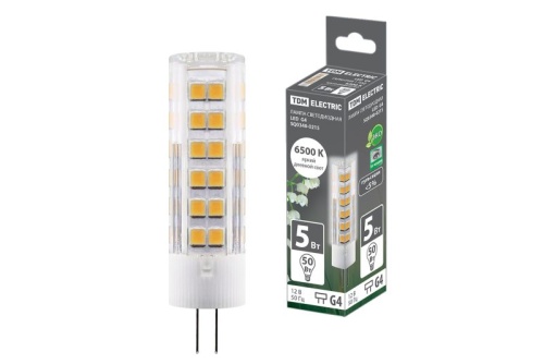 Лампа светодиодная G4-5 Вт-AC/DC 12 В-6500 К, SMD, 16x57 мм TDM | код SQ0340-0215 | TDM