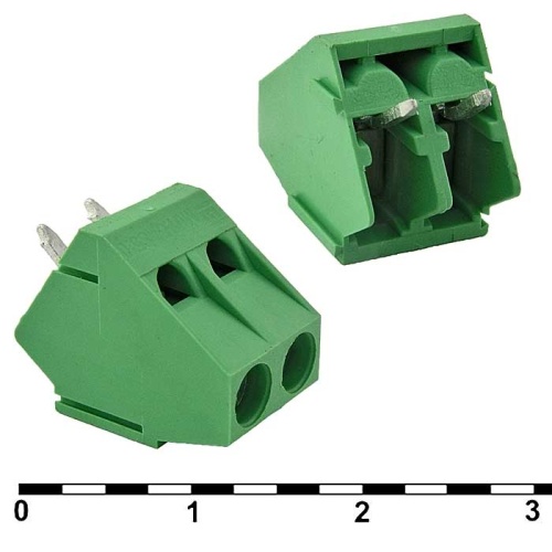 Винтовой клеммный блок RUICHI DG103-5.0-2 на 2 клеммы M2.5, шаг 5 мм, угловой 45°, 6 А, 26-18 AWG | код 81055 | Ruichi