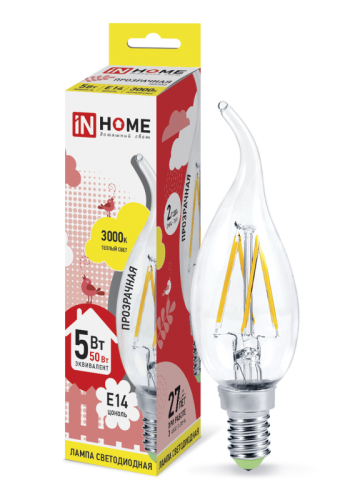 Лампа светодиодная LED-СВЕЧА НА ВЕТРУ-deco 5Вт 230В Е14 3000К 450Лм прозрачная IN HOME | код 4690612007625 | IN HOME