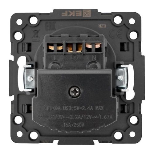Стокгольм Механизм Розетки 1-местной с/з, USB 2A 16А винтовые клеммы черный с защ. штор. EKF | код EZR16-2USB-typeA | EKF фото 4