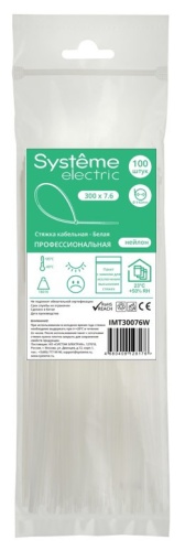 Стяжка кабельная нейлоновая 300х7.6 Белая (100шт) в пакете с замком ЗИП-ЛОК | код IMT30076W | Systeme Electric